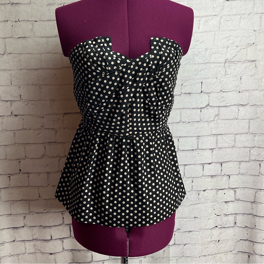Anthropologie Odille size 2 peplum blouse black with cream polka dots